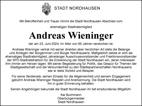 Traueranzeige von Andreas Wieninger von Thüringer Allgemeine