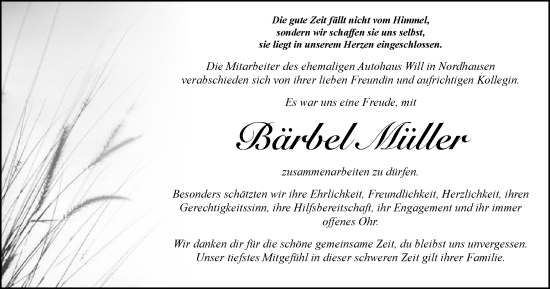 Traueranzeige von Bärbel Müller von Thüringer Allgemeine