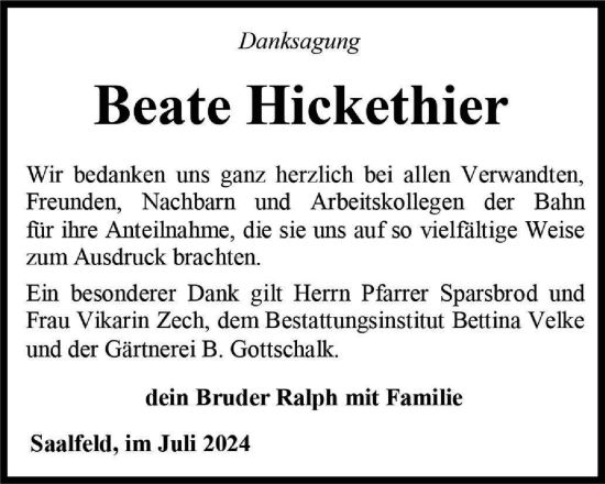 Traueranzeige von Beate Hickethier von Ostthüringer Zeitung