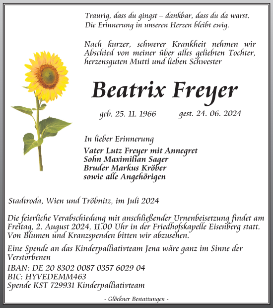 Traueranzeige von Beatrix Freyer von Ostthüringer Zeitung