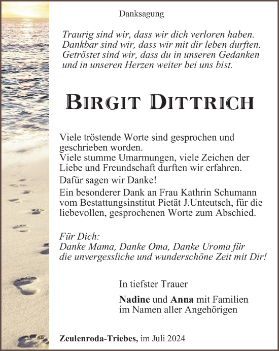 Traueranzeige von Birgit Dittrich von Ostthüringer Zeitung