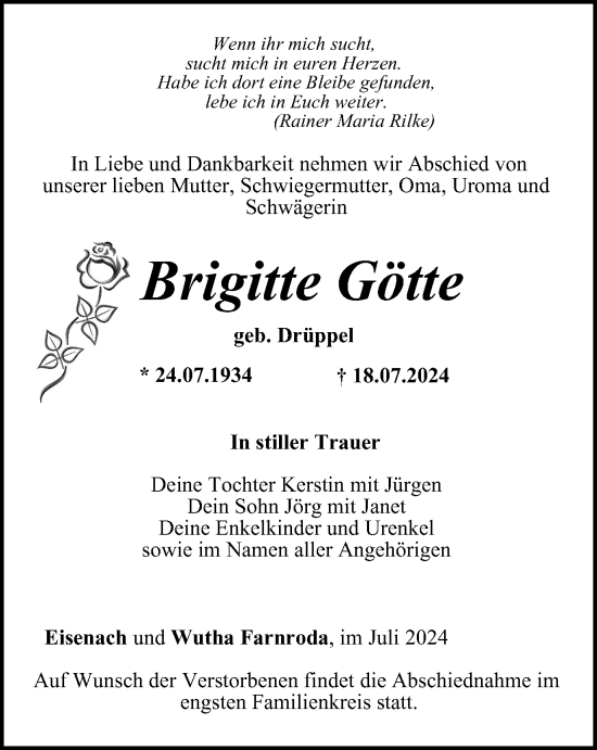 Traueranzeige von Brigitte Götte von Thüringer Allgemeine, Thüringische Landeszeitung