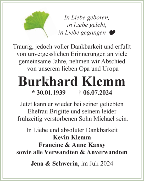 Traueranzeige von Burkhard Klemm von Ostthüringer Zeitung, Thüringische Landeszeitung