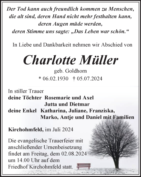 Traueranzeige von Charlotte Müller von Thüringer Allgemeine