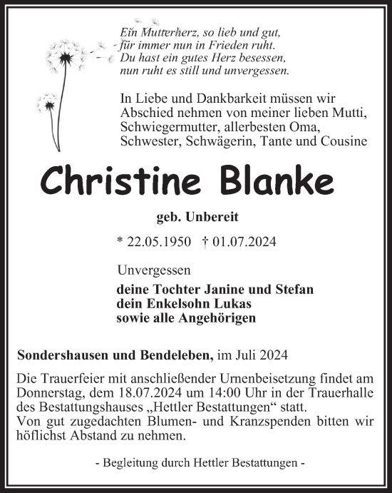 Traueranzeige von Christine Blanke von Thüringer Allgemeine