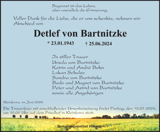 Traueranzeige von Detlef von Bartnitzke von Thüringer Allgemeine