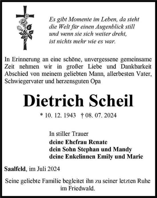Traueranzeige von Dietrich Scheil von Ostthüringer Zeitung