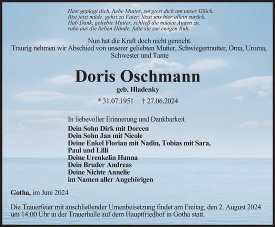 Traueranzeige von Doris Oschmann von Thüringer Allgemeine, Thüringische Landeszeitung