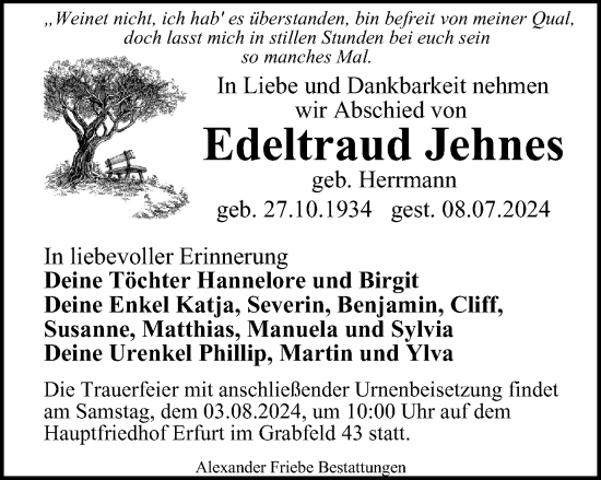 Traueranzeige von Edeltraud Jehnes von Thüringer Allgemeine, Thüringische Landeszeitung