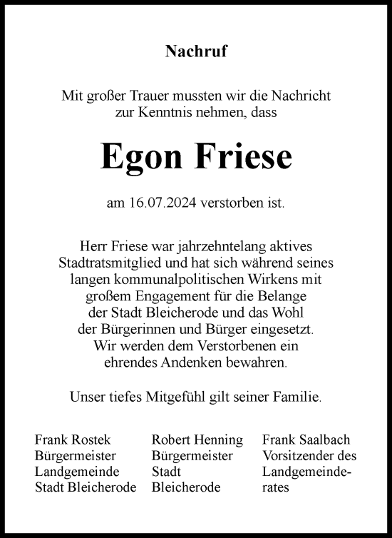Traueranzeige von Egon Friese von Thüringer Allgemeine