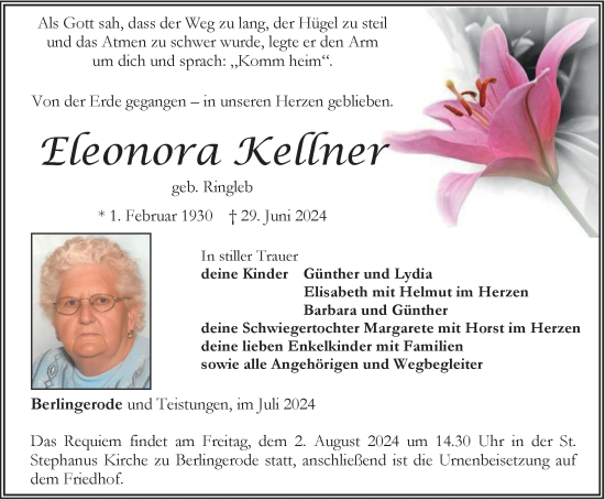 Traueranzeige von Eleonora Kellner von Thüringer Allgemeine