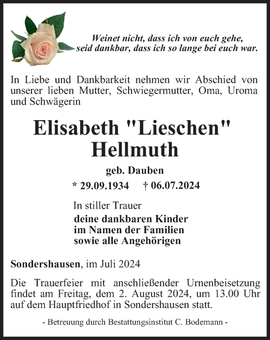 Traueranzeige von Elisabeth Hellmuth von Thüringer Allgemeine