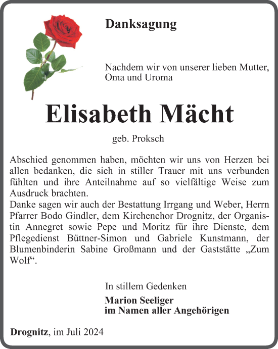 Traueranzeige von Elisabeth Mächt von Ostthüringer Zeitung