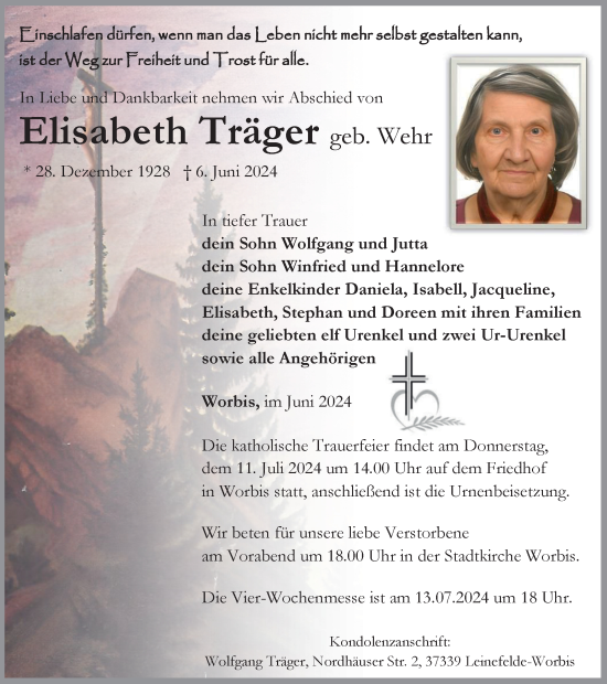 Traueranzeige von Elisabeth Träger von Thüringer Allgemeine