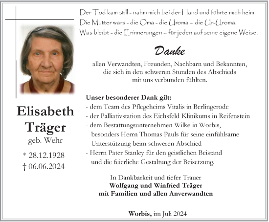 Traueranzeige von Elisabeth Träger von Thüringer Allgemeine