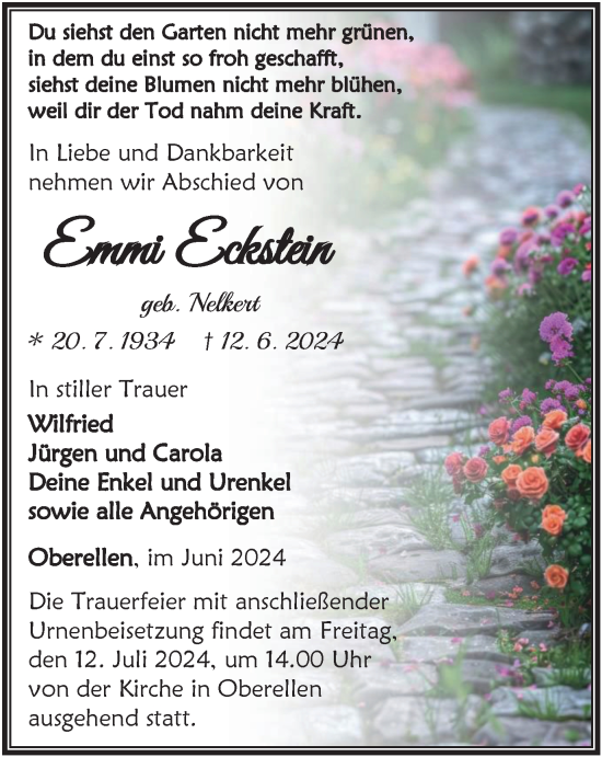 Traueranzeige von Emmi Eckstein von Thüringer Allgemeine, Thüringische Landeszeitung