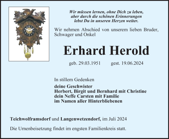 Traueranzeige von Erhard Herold