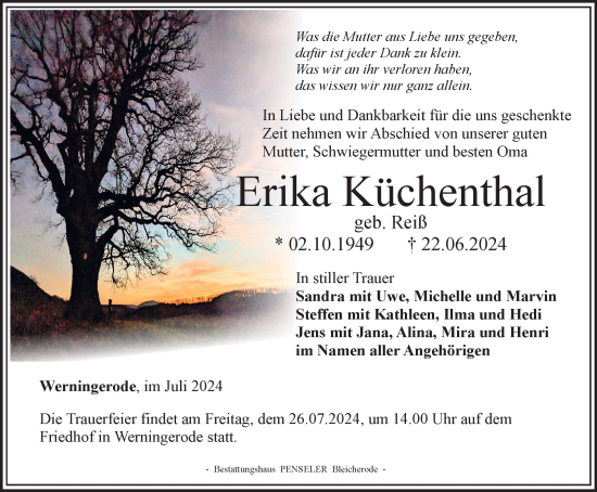 Traueranzeige von Erika Küchenthal von Thüringer Allgemeine