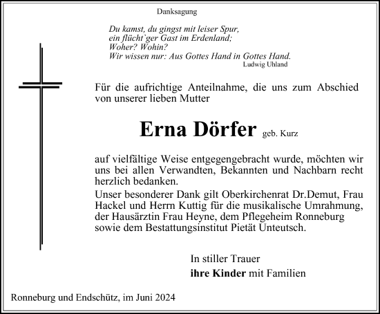 Traueranzeige von Erna Dörfer von Ostthüringer Zeitung