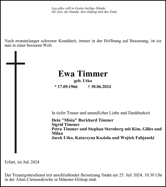 Traueranzeige von Ewa Timmer von Thüringer Allgemeine, Thüringische Landeszeitung