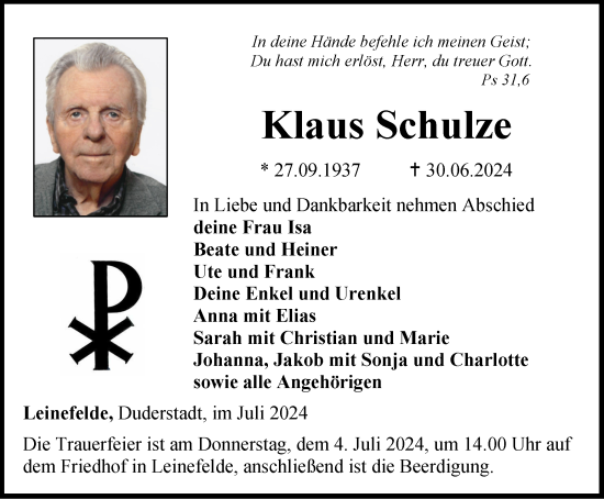 Traueranzeige von Klaus Schulze von TA , TLZ
