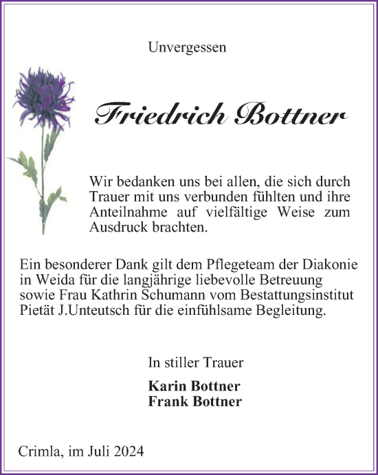 Traueranzeige von Friedrich Bottner von Ostthüringer Zeitung