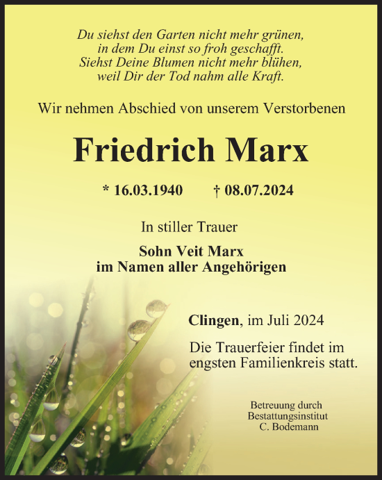 Traueranzeige von Friedrich Marx von Thüringer Allgemeine