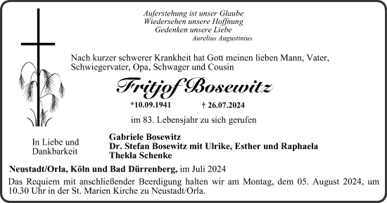 Traueranzeige von Fritjof Bosewitz von Ostthüringer Zeitung