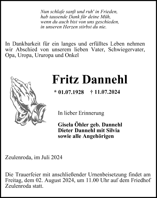 Traueranzeige von Fritz Dannehl von Ostthüringer Zeitung