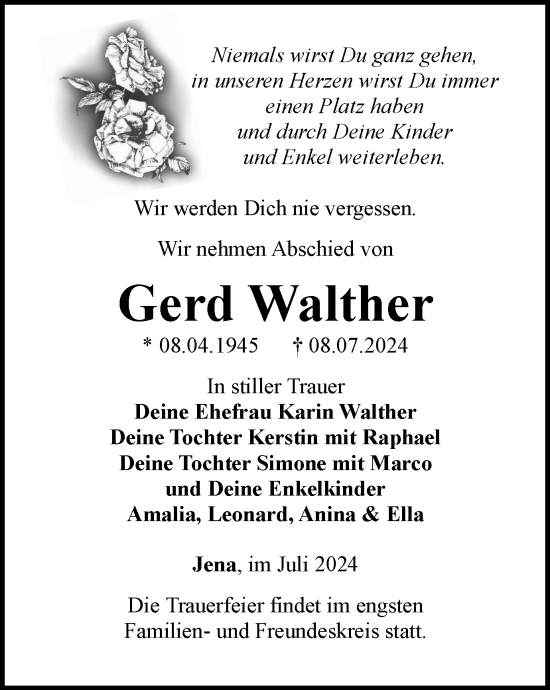Traueranzeige von Gerd Walther von Ostthüringer Zeitung, Thüringische Landeszeitung