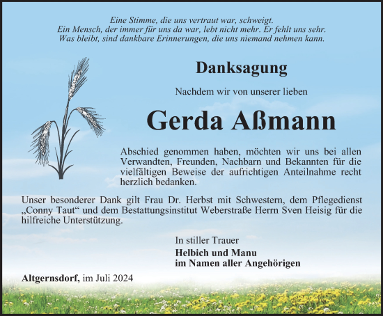 Traueranzeige von Gerda Aßmann