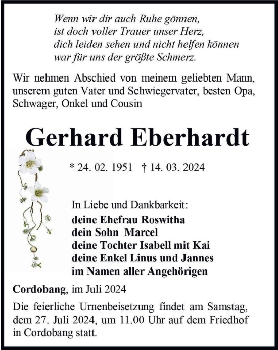 Traueranzeige von Gerhard Eberhardt von Ostthüringer Zeitung