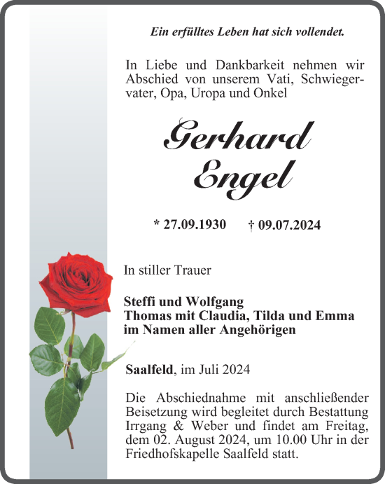 Traueranzeige von Gerhard Engel von Ostthüringer Zeitung