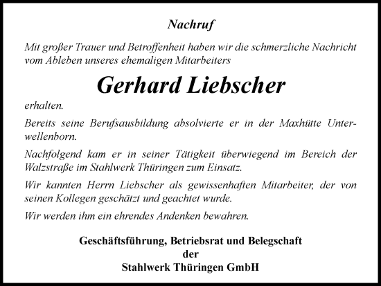 Traueranzeige von Gerhard Liebscher von Ostthüringer Zeitung