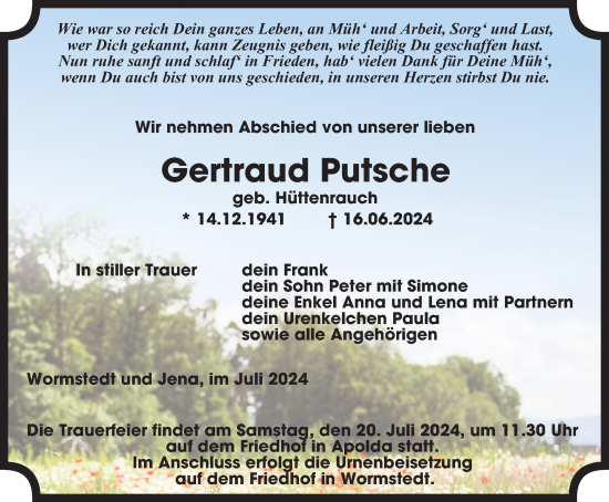 Traueranzeige von Gertraud Putsche von Thüringer Allgemeine, Thüringische Landeszeitung