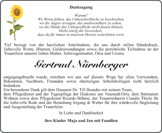 Traueranzeige von Gertrud Nürnberger von Ostthüringer Zeitung