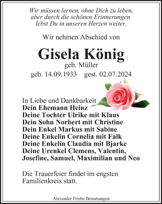Traueranzeige von Gisela König von Thüringer Allgemeine, Thüringische Landeszeitung
