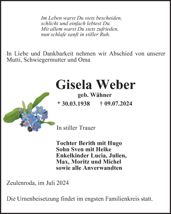 Traueranzeige von Gisela Weber von Ostthüringer Zeitung