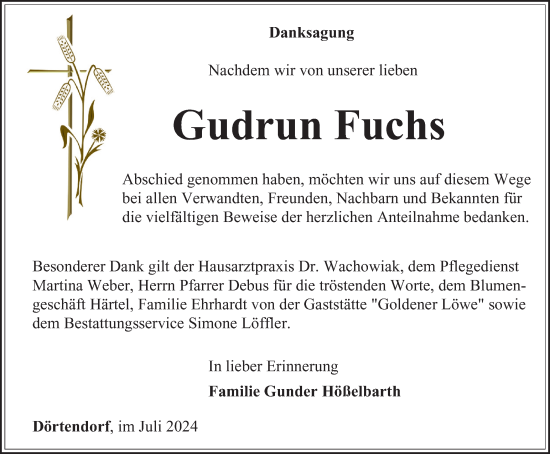 Traueranzeige von Gudrun Fuchs von Ostthüringer Zeitung