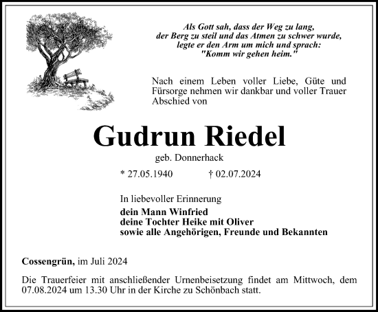 Traueranzeige von Gudrun Riedel von Ostthüringer Zeitung