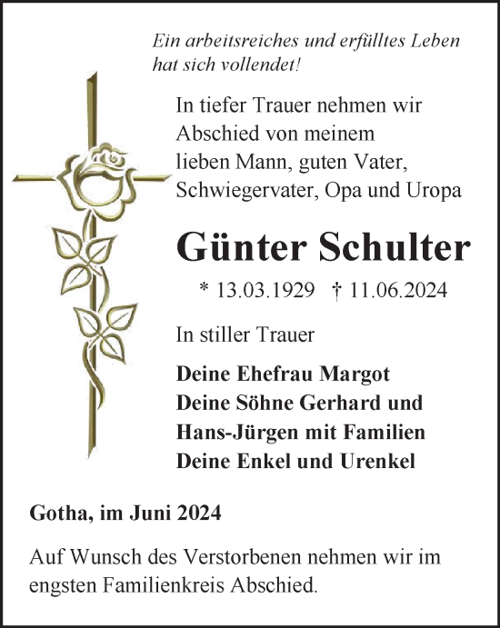 Traueranzeige von Günter Schulter von Thüringer Allgemeine, Thüringische Landeszeitung