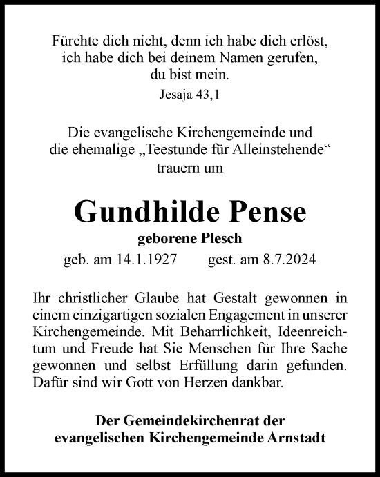 Traueranzeige von Gundhilde Pense von Thüringer Allgemeine