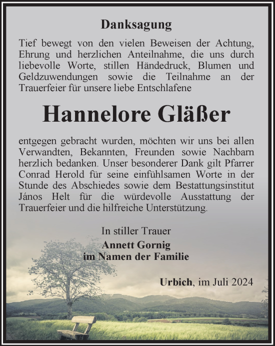 Traueranzeige von Hannelore Gläßer von Thüringer Allgemeine, Thüringische Landeszeitung