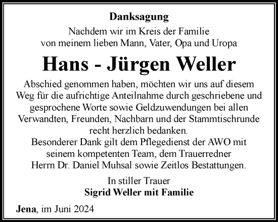 Traueranzeige von Hans-Hürgen Weller von Ostthüringer Zeitung, Thüringische Landeszeitung