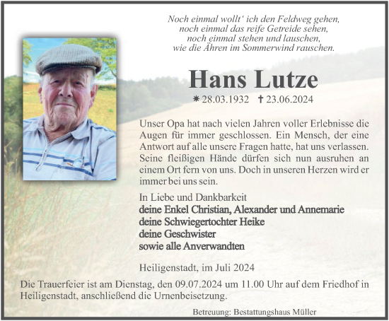 Traueranzeige von Hans Lutze von Thüringer Allgemeine