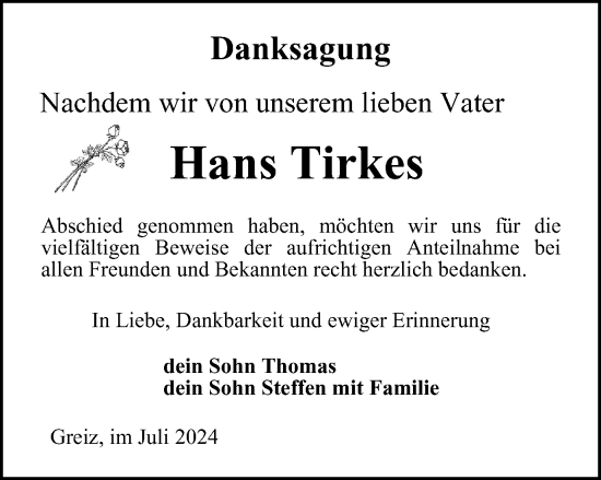 Traueranzeige von Hans Tirkes von Ostthüringer Zeitung