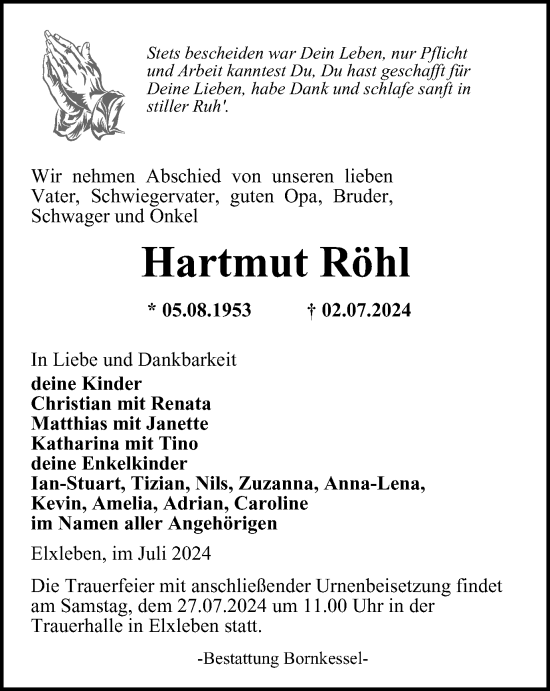 Traueranzeige von Hartmut Röhl von Thüringer Allgemeine, Thüringische Landeszeitung
