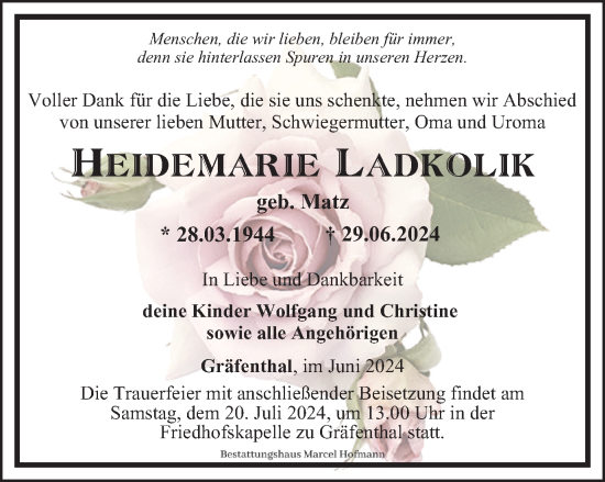 Traueranzeige von Heidemarie Ladkolik von Ostthüringer Zeitung