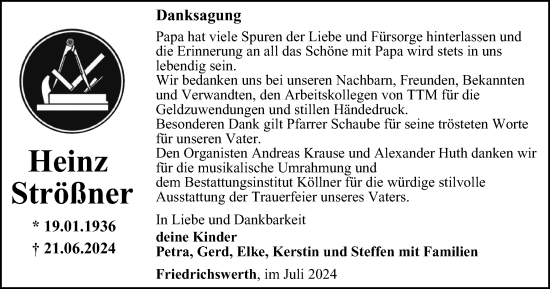 Traueranzeige von Heinz Strößner von Thüringer Allgemeine, Thüringische Landeszeitung
