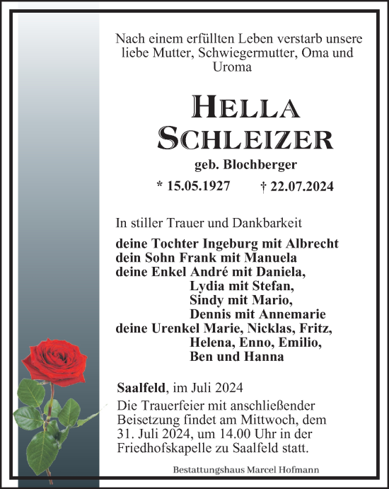 Traueranzeige von Hella Schleizer von Ostthüringer Zeitung